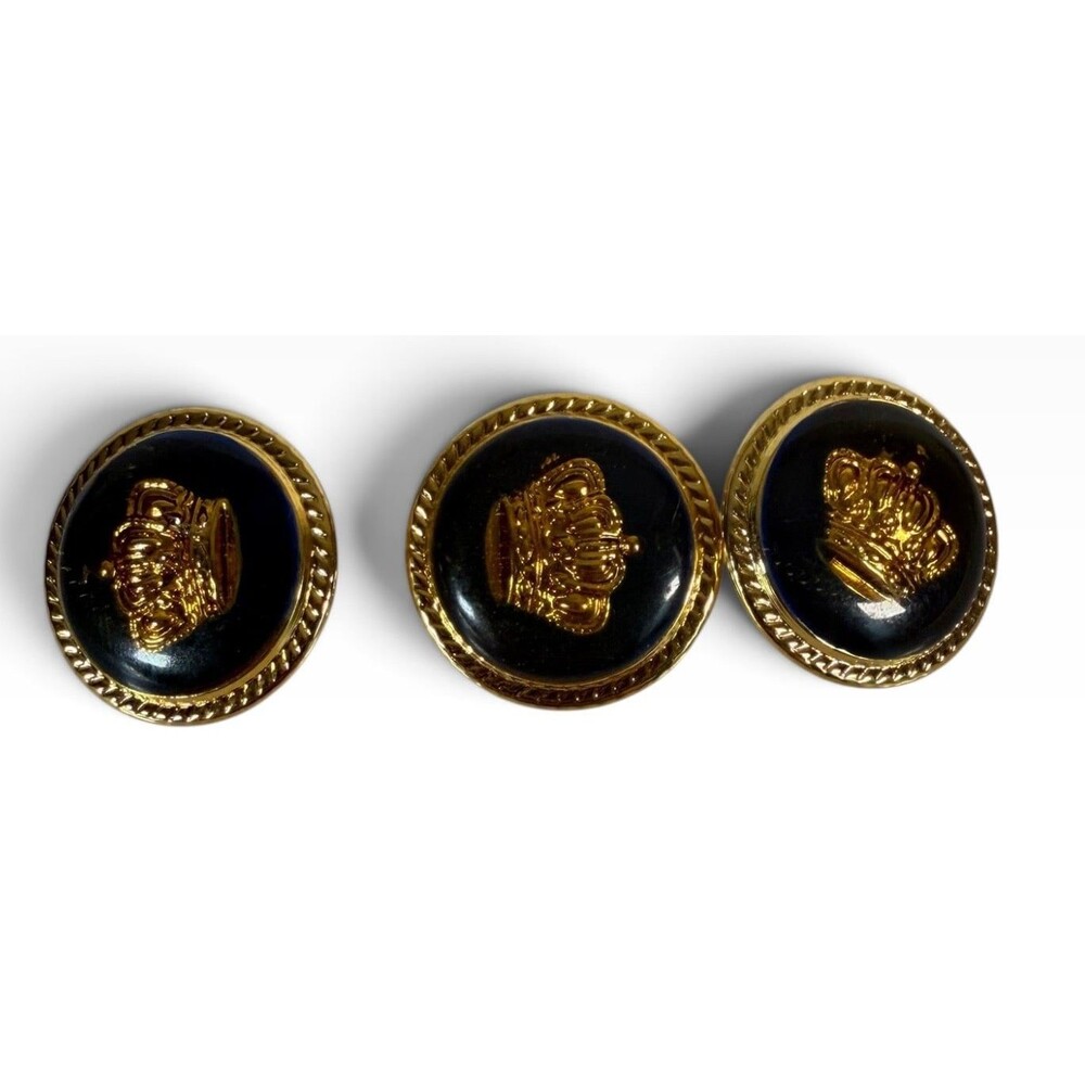 Rare Set of 3 Black and Gold Color Crown Buttons